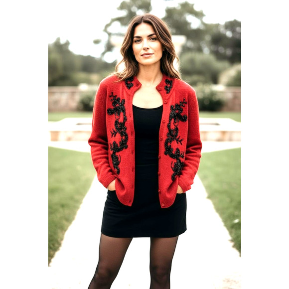 Beaded Vintage SILK ANGORA Cardigan Sz MP Red Black Sequin Soft Sweater Party - Picture 4 of 16